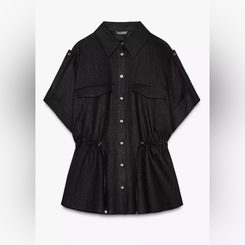 Zara Black Button-Front Drawstring Utility Shirt